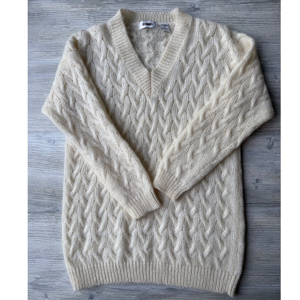 Gitano Vintage Mohair Blend Cable Knit Sweater Dress Ivory Cream Oversized M